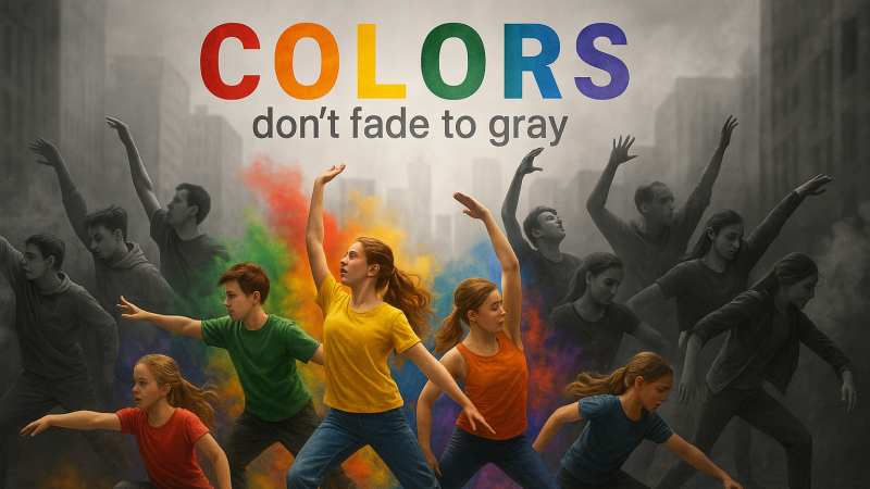 Die Welt war einst voller Farben. Blau stand für Freiheit, Grün für Natur, Gelb für Wahrheit, Rot für Mitgefühl, Orange für Mut und Violett für Gemeinschaft. Doch langsam begannen diese Farben zu verblassen. Ein grauer Schatten legte sich über die Menschen, Schwarz-, Grau- und Anthrazit-Töne verdrängten das Leuchten. Misstrauen, Gier, Neid und Krieg nahmen den Platz von Hoffnung und Menschlichkeit ein. Doch noch ist nicht alles verloren. Erinnern wir uns an das Strahlen, das einmal da war. Mit Tanz, Mut und der Kraft des Miteinanders stellen wir uns dem Schatten entgegen. Jede Bewegung wird zu Widerstand, jeder Blick zu einem Funken, der das Licht zurückholt. COLORS ist eine poetische und kraftvolle Tanz-Geschichte über den Kampf zwischen Farben und Dunkelheit, zwischen Hoffnung und Angst, zwischen Menschlichkeit und Kälte. Ein Manifest für das Leben, für Vielfalt – und dafür, dass die Farben nicht verschwunden sind. Sie leben in uns. Wir müssen sie nur bewahren.
